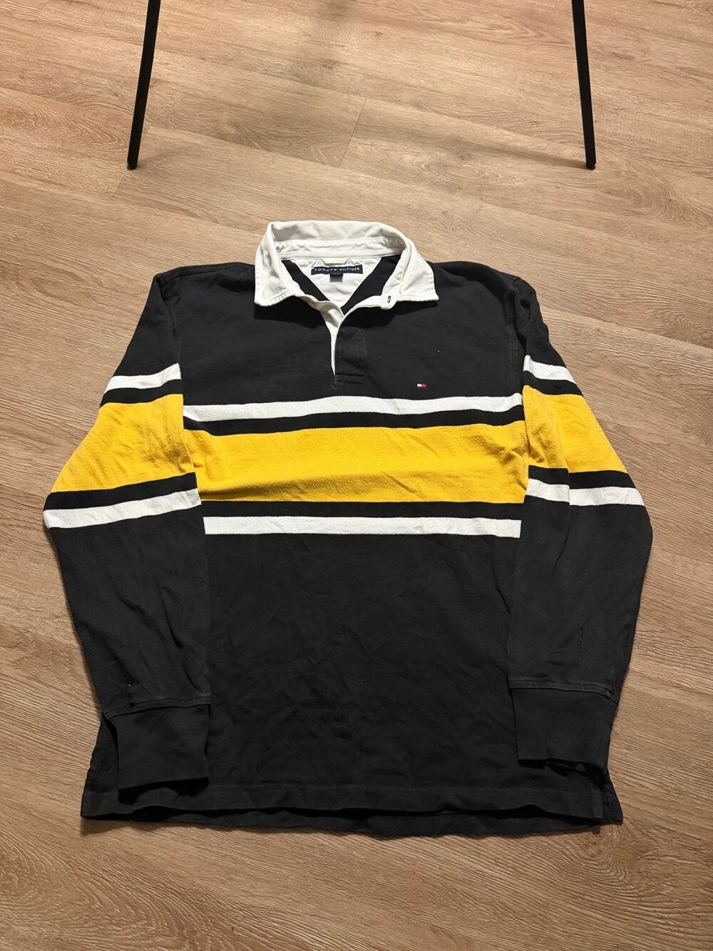 Tommy Hilfiger Rugby Polo Men's Medium Black White Striped Long Sleeve Preppy